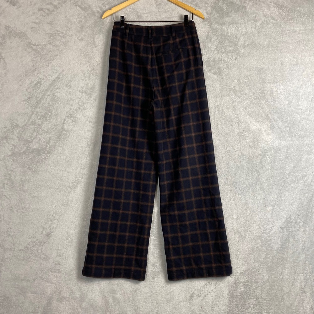 Wyeth Womens Plaid Wool Blend Wide Leg Trousers Navy Brown High Rise Pants 2 - Picture 2 of 8
